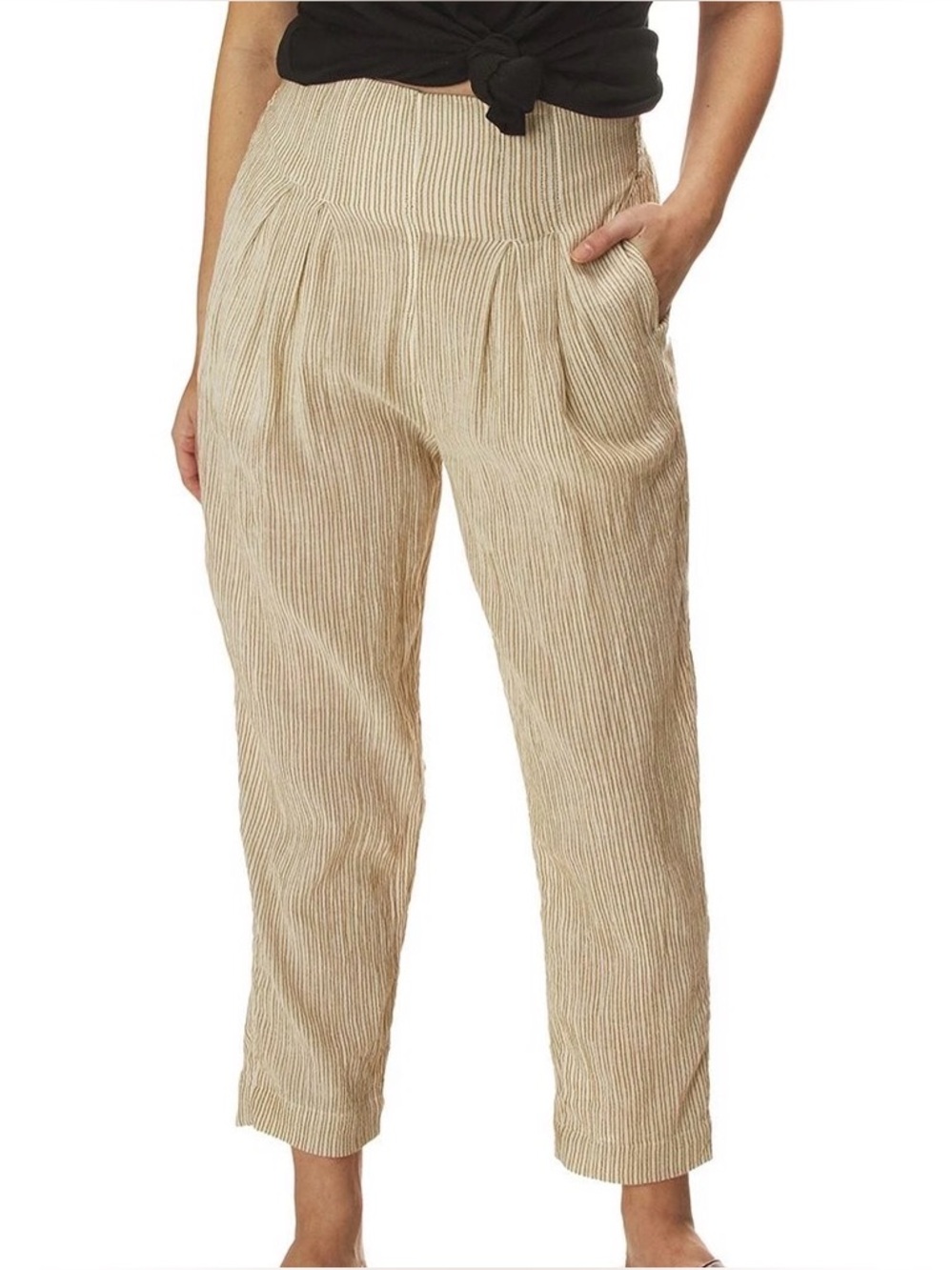 NWOT Free People Light Beige Textured High Waist Linen Pants Beachy Cottage Core